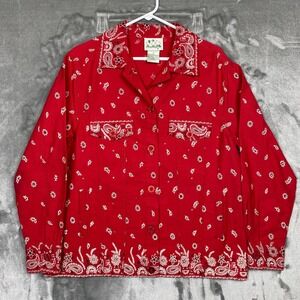 Quacker Factory Red Bandana Paisley Rhinestone Embellished Cotton Jacket Mens M